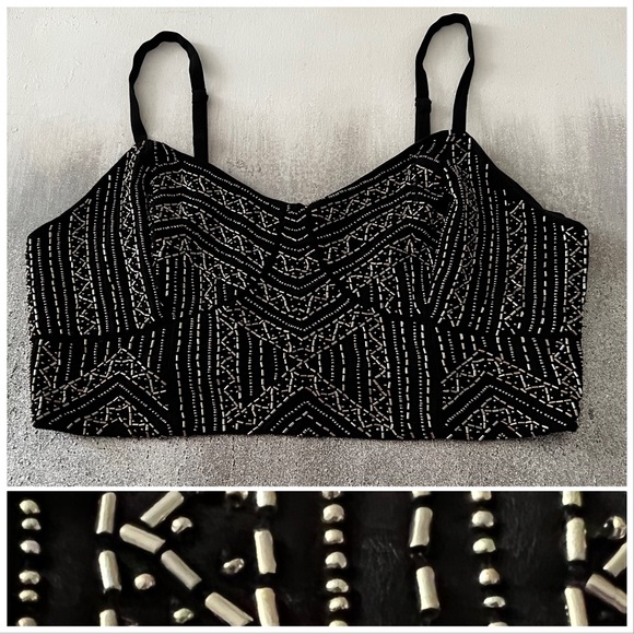 Guess  Black & Silver Beaded Corset Crop Top - Picture 1 of 9